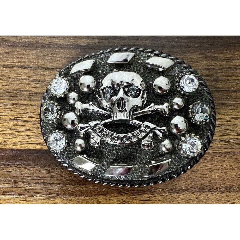 Vtg 90s Large skull Belt Buckle Chrome & Leather Rock bling rhinestones